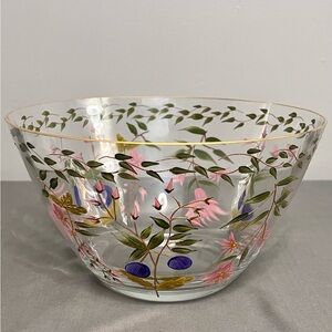 Crystal Clear Industries Bowl 11” Handpainted Floral Design Glass Romania Amelia
